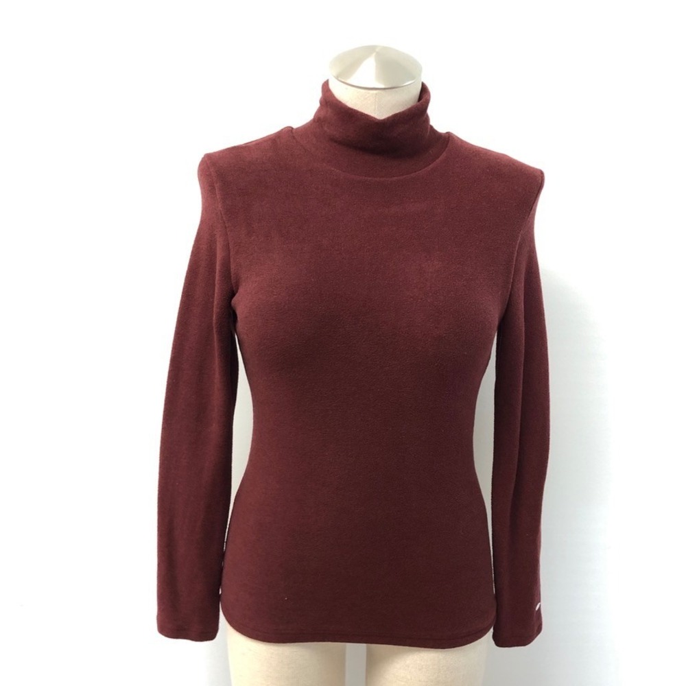 OGL Turtleneck Top Womens Small Burgundy Fleece Built-in Bra Long Sleeve Slim